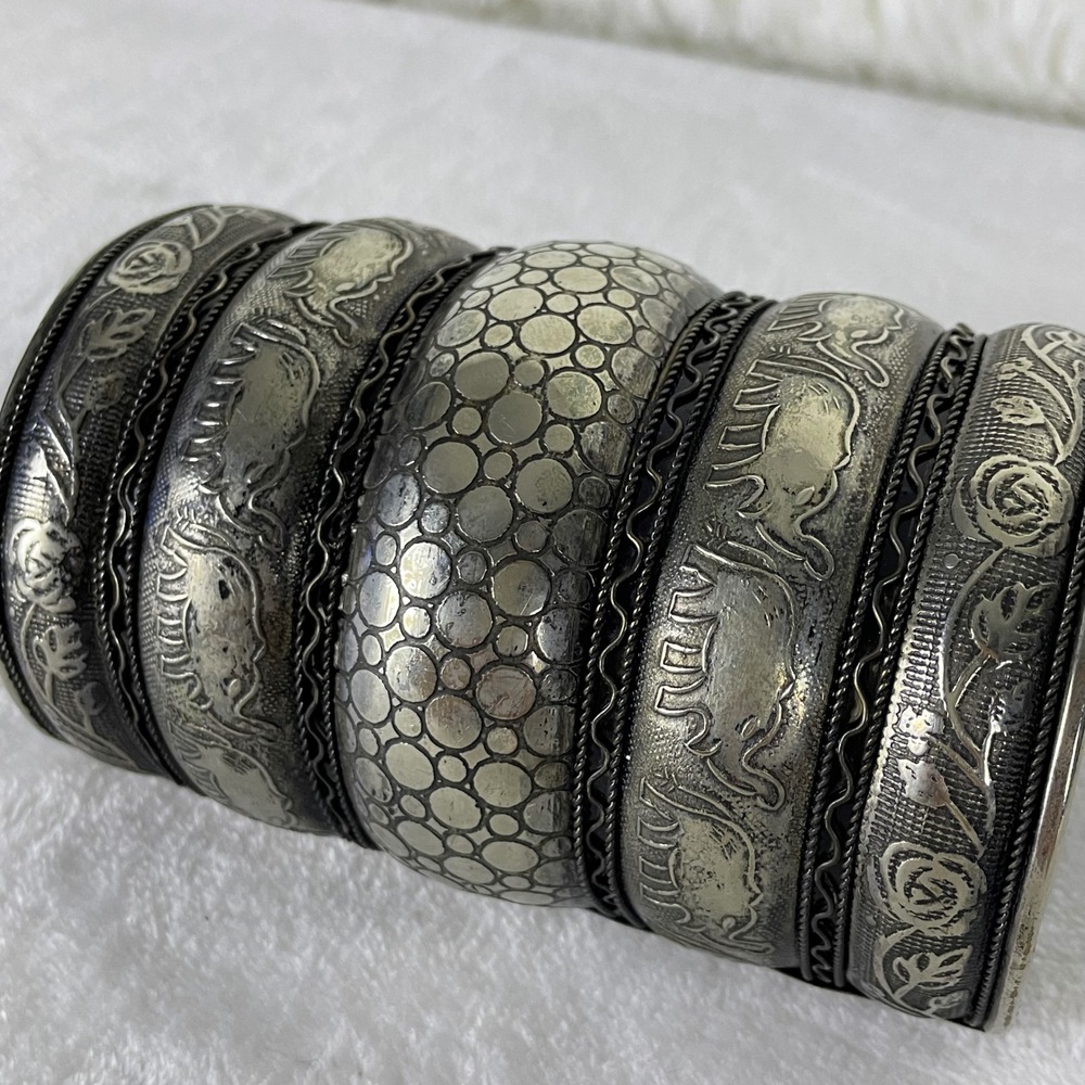Vintage Silver Tone Wide Cuff Bracelet Embossed Elephant Floral Boho Statement